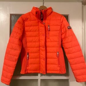 Superdry Slim Bright Salmon Ski / Winter Puffer Jacket, Faux Fur Hood